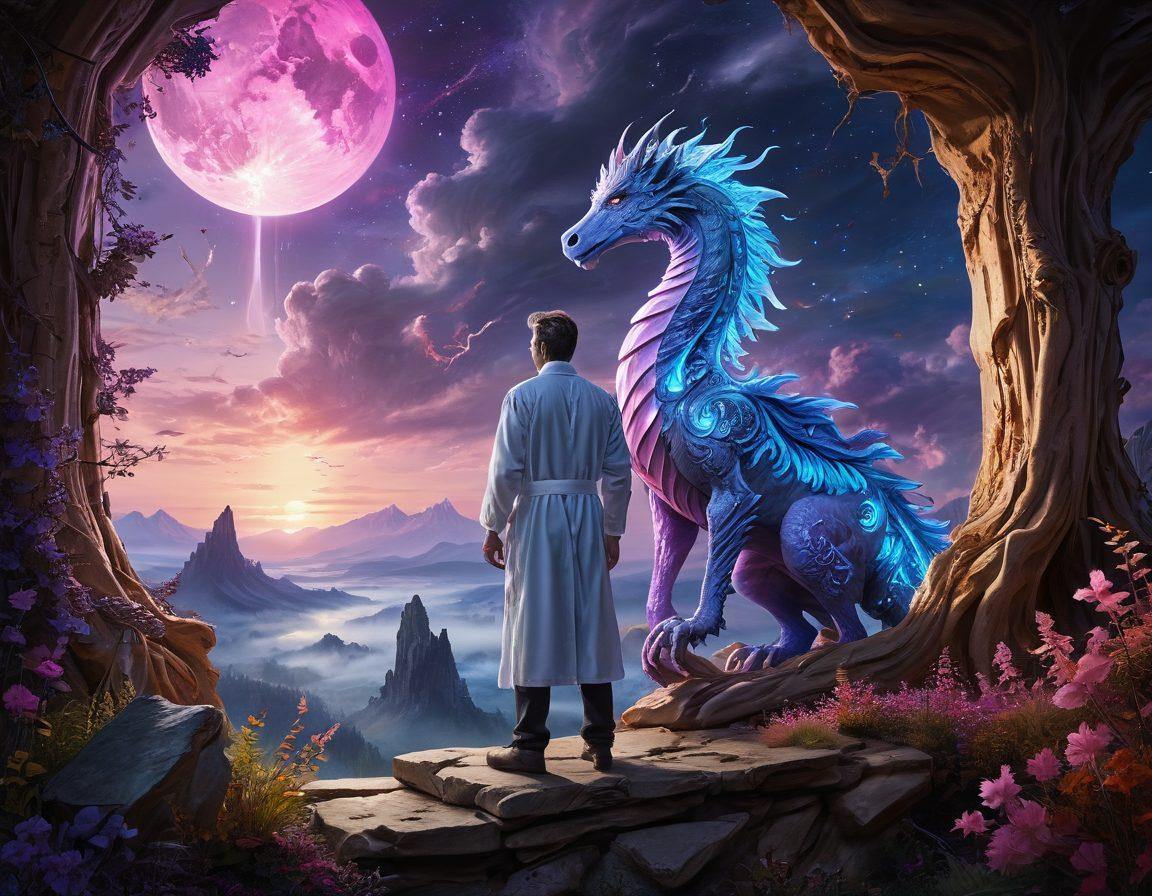 A captivating scene showcasing a mystical landscape populated by various mythical beasts like dragons, griffins, and unicorns, intertwined with elements of real-world animal science, such as a scientist observing them. The sky is a blend of twilight colors, adding an air of wonder, while ancient scrolls and scientific tools lay scattered nearby, symbolizing the blend of mythology and science. The creatures appear vibrant and lifelike, highlighting their majestic features. super-realistic. vibrant colors. fantasy style.