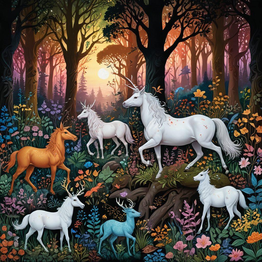 A magical forest scene illustrating a variety of fantastical beasts and mythological creatures interacting with realistic wildlife studies elements, like anatomical illustrations and scientific notations scattered throughout the landscape. Include vibrant flora and fauna to create a rich tapestry of color. The sky should be a soft twilight, adding a mystical feel. super-realistic. vibrant colors. fantasy art.