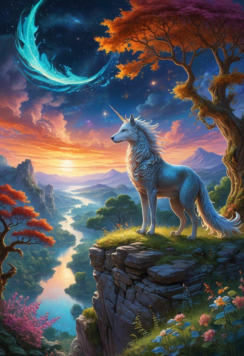 A mystical landscape showcasing a blend of legendary creatures like a dragon, unicorn, and phoenix intertwined with real animals like a wolf, eagle, and deer, set against a backdrop of ancient folklore sites, lush forests, and a glowing night sky filled with stars. The creatures exhibit a mix of mythical and realistic features, emphasizing their origins in folklore and science. vibrant colors. fantasy illustration.